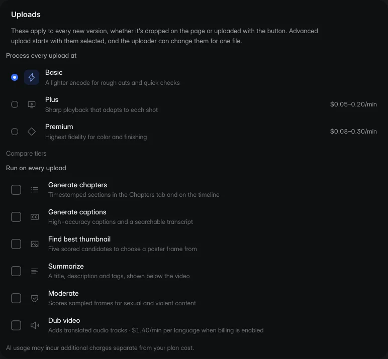 Project settings: the processing tier for every upload, and checkboxes to generate chapters, captions, a best thumbnail, a summary, moderation and dubs on every upload
