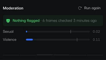 A moderation result: nothing flagged across six checked frames, with low sexual and violence scores