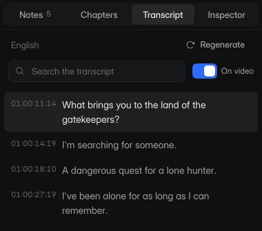 The Transcript tab: four timecoded lines of dialogue, a search box and a switch that shows captions on the video