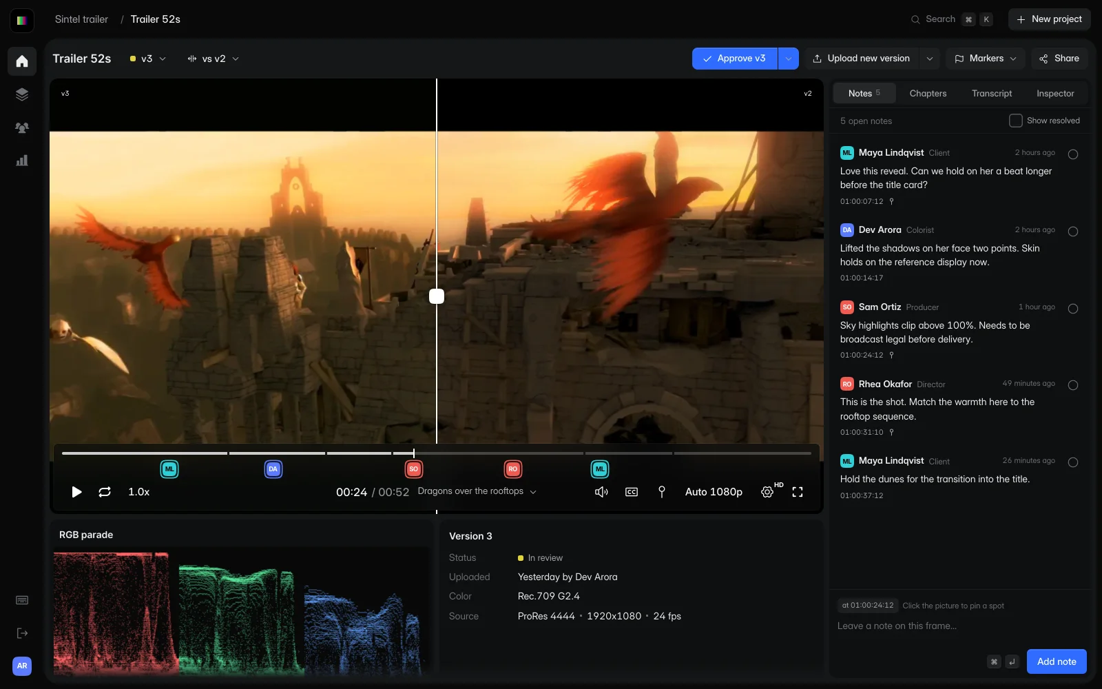 Version 3 and version 2 of the trailer compared with a wipe across the same frame