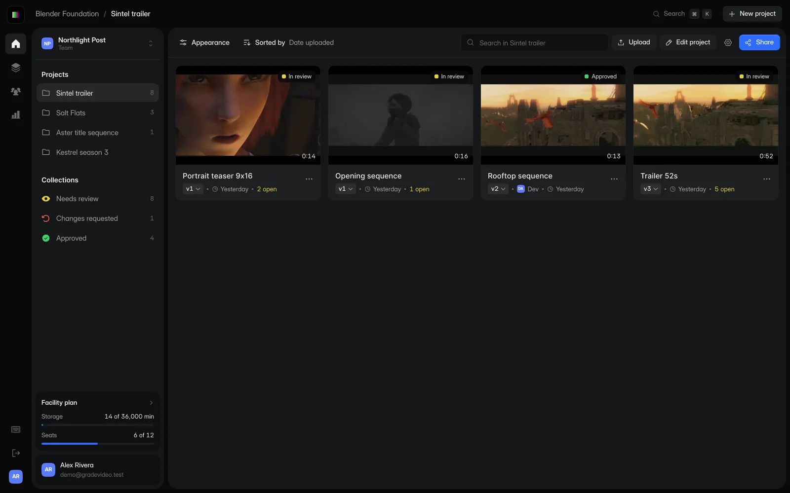 A GradeVideo project with four cuts of a trailer, each with its version number and review status