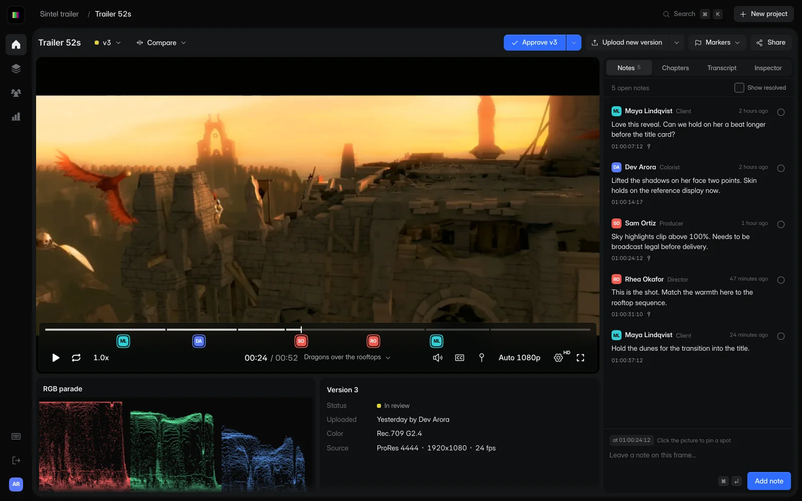 GradeVideo review page: a trailer paused on a frame, five timecoded notes from the client, colorist, producer and director, and an RGB parade below the picture