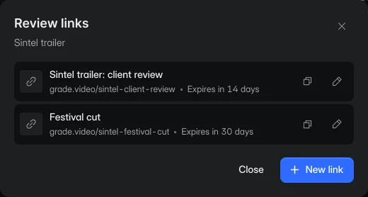 The review links on a project, each with its title, address and settings
