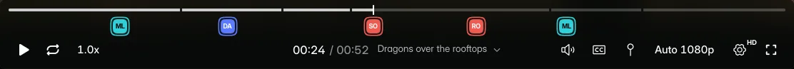 The player's timeline with a marker for each reviewer's note, at 24 seconds of a 52-second trailer