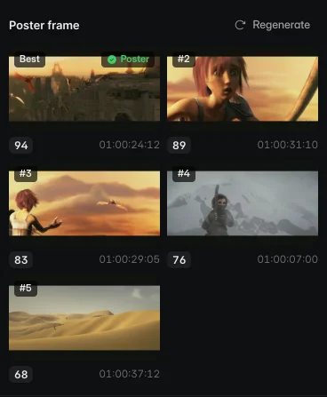 Five candidate poster frames from the trailer, each with a score and timecode, with the best one set as the poster