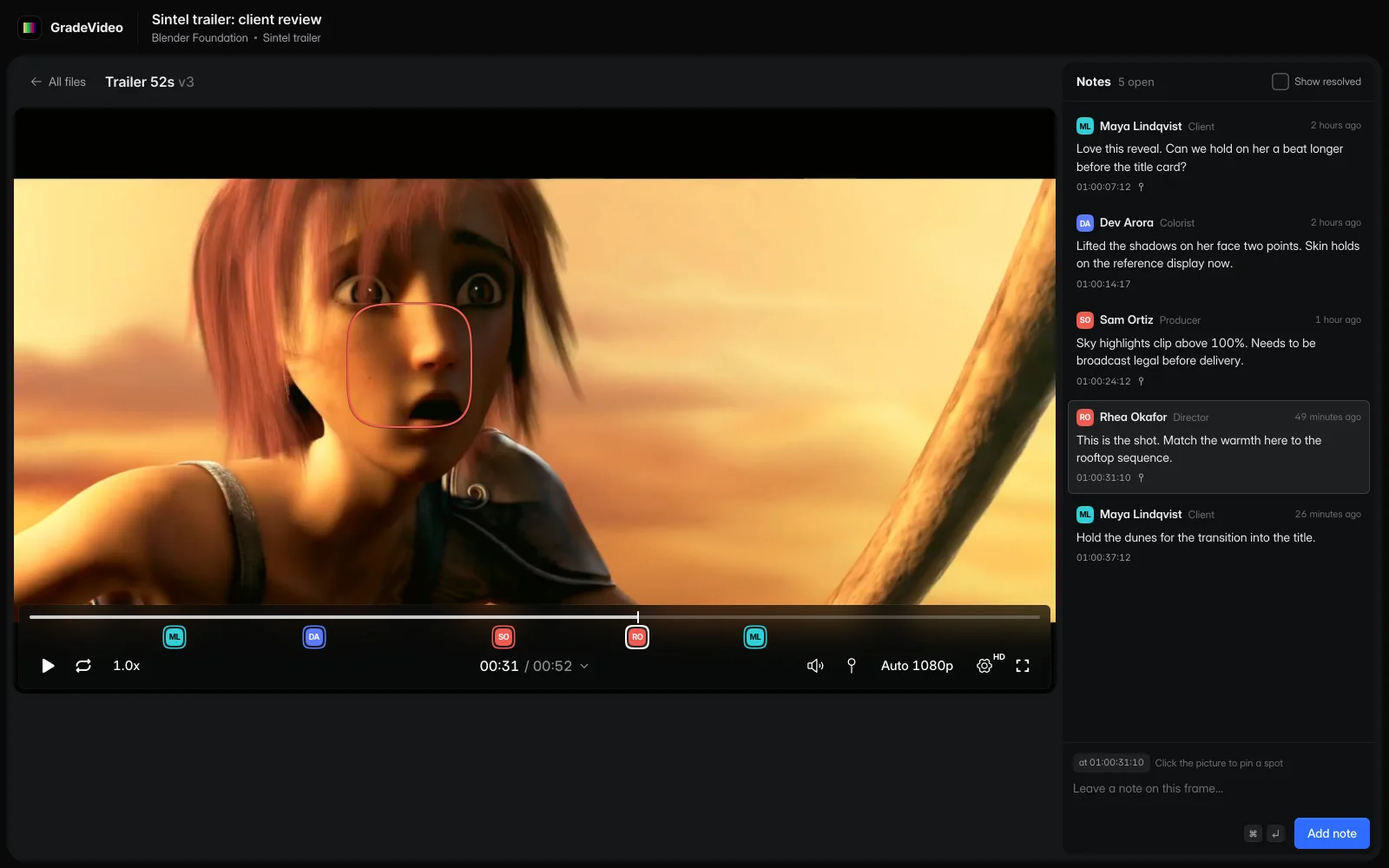 A review link with the video and timecoded feedback pinned to the picture