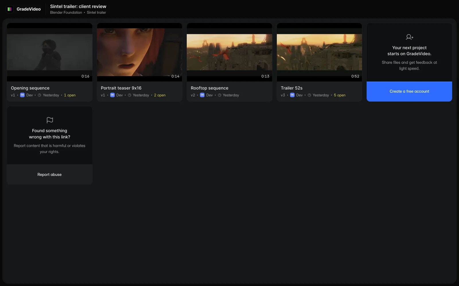 A client-facing GradeVideo review room with four cuts of the trailer ready to open