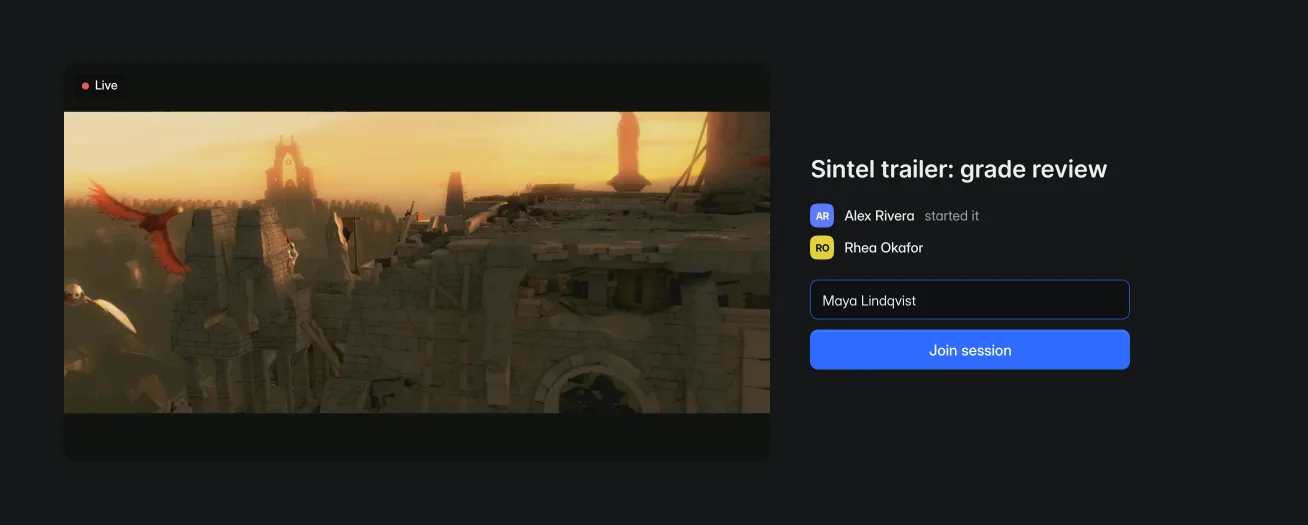 The page a session link opens: a still from the trailer marked live, the two people already in the session, a name field and a Join session button