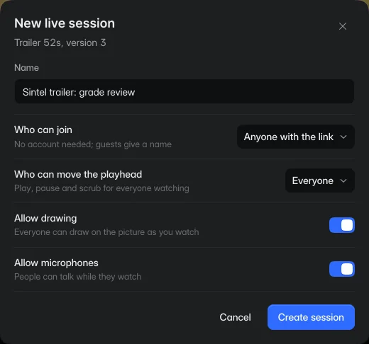 The new live session form: a name, who can join, who can move the playhead, and switches to allow drawing and microphones