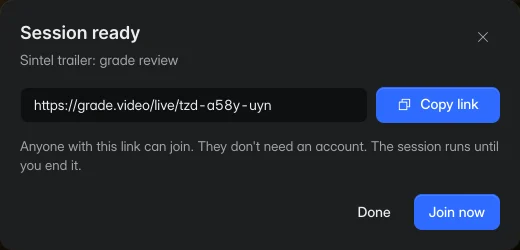 A session that's ready: its link with a copy button, and a line saying anyone with the link can join without an account