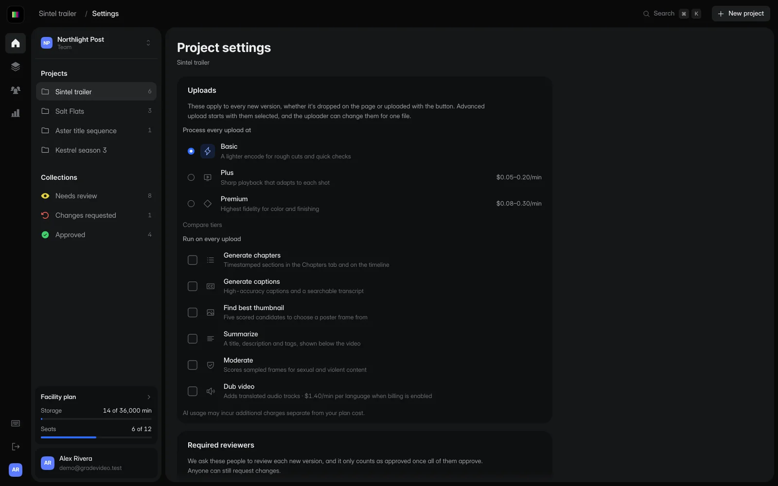 GradeVideo project settings with upload defaults and required reviewers