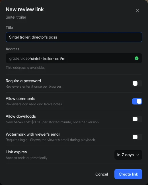 GradeVideo review-link settings: title, address, password, comments, downloads, watermark and expiry