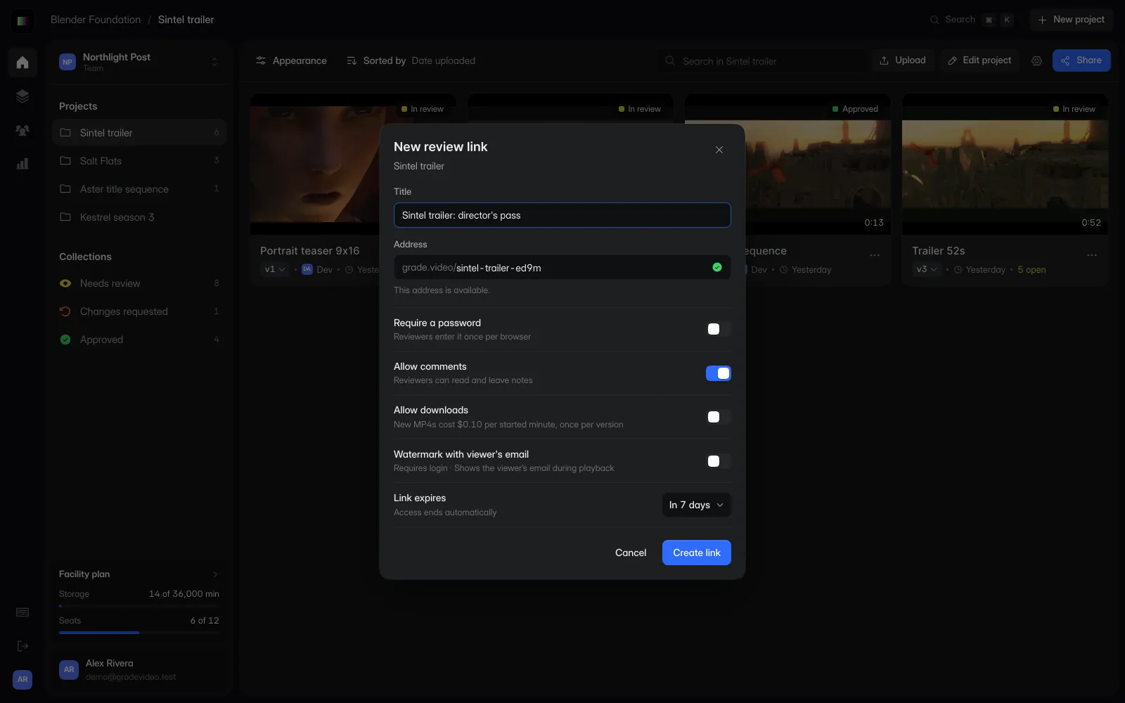 GradeVideo review-link settings for passwords and downloads